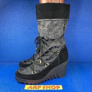 🔴 COACH MAISY Women`s Size 8.5 Black Monogram Suede Leather Wedge Boots A7292